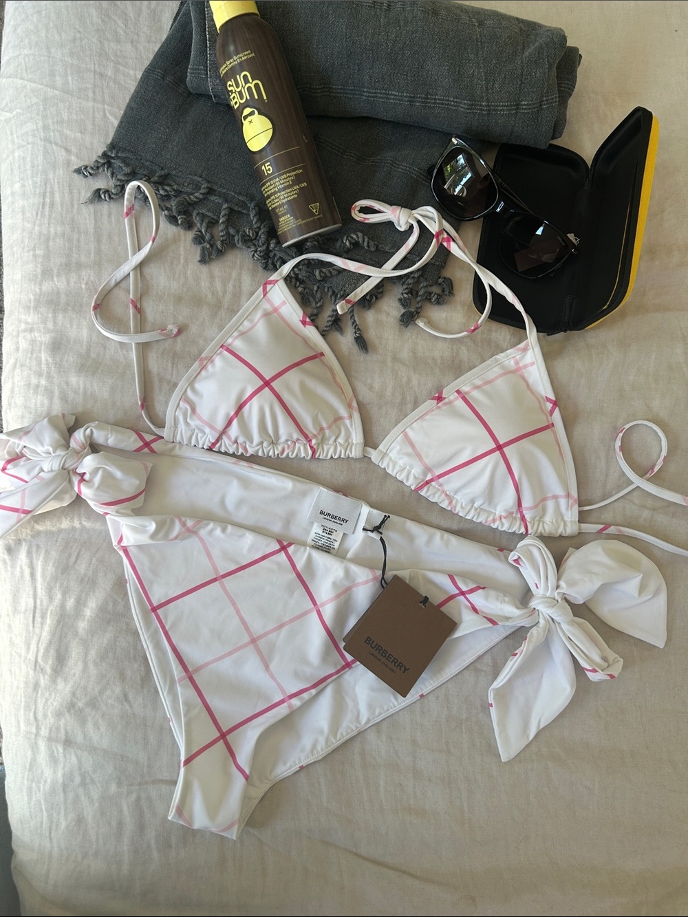 Burberry | White & Pink Caro Plaid Triangle Bikini